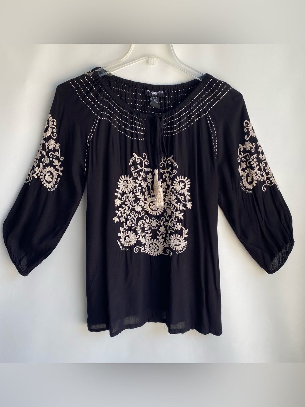 Mix Nouveau black loose flowy embroidered boho peasant top blouse shirt Large